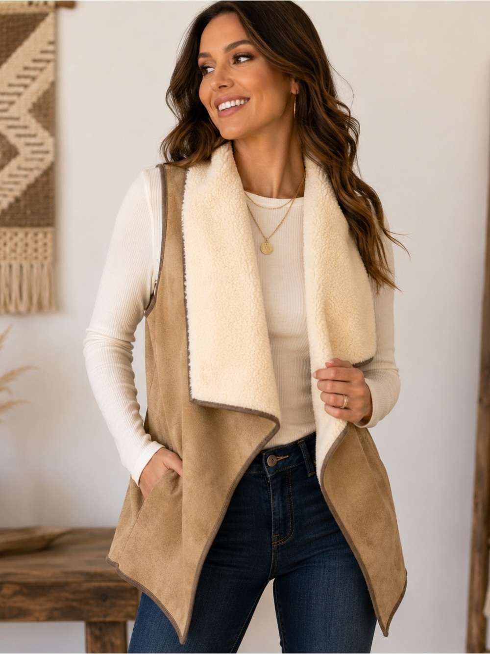 Jodifl Faux Suede Sherpa Draped Open Front Vest Tan Brown Size S